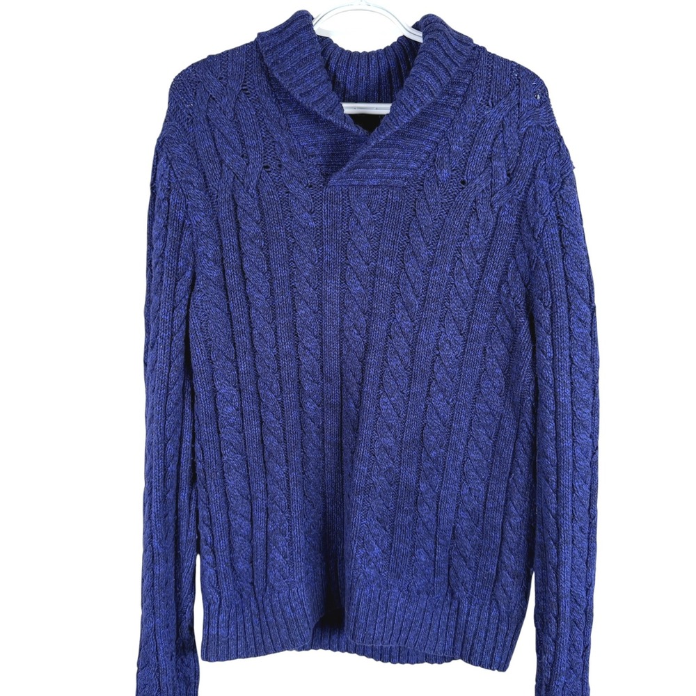 Gap Shawl Collar Sweater Mens XL Blue Cable Knit Wool Blend Pullover